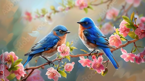 Two blue birds are perched on a branch with pink flowers.