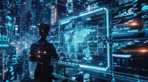 Silhouette Against the Data Sphere: A Human Form Engulfed by a World of Digital Information

