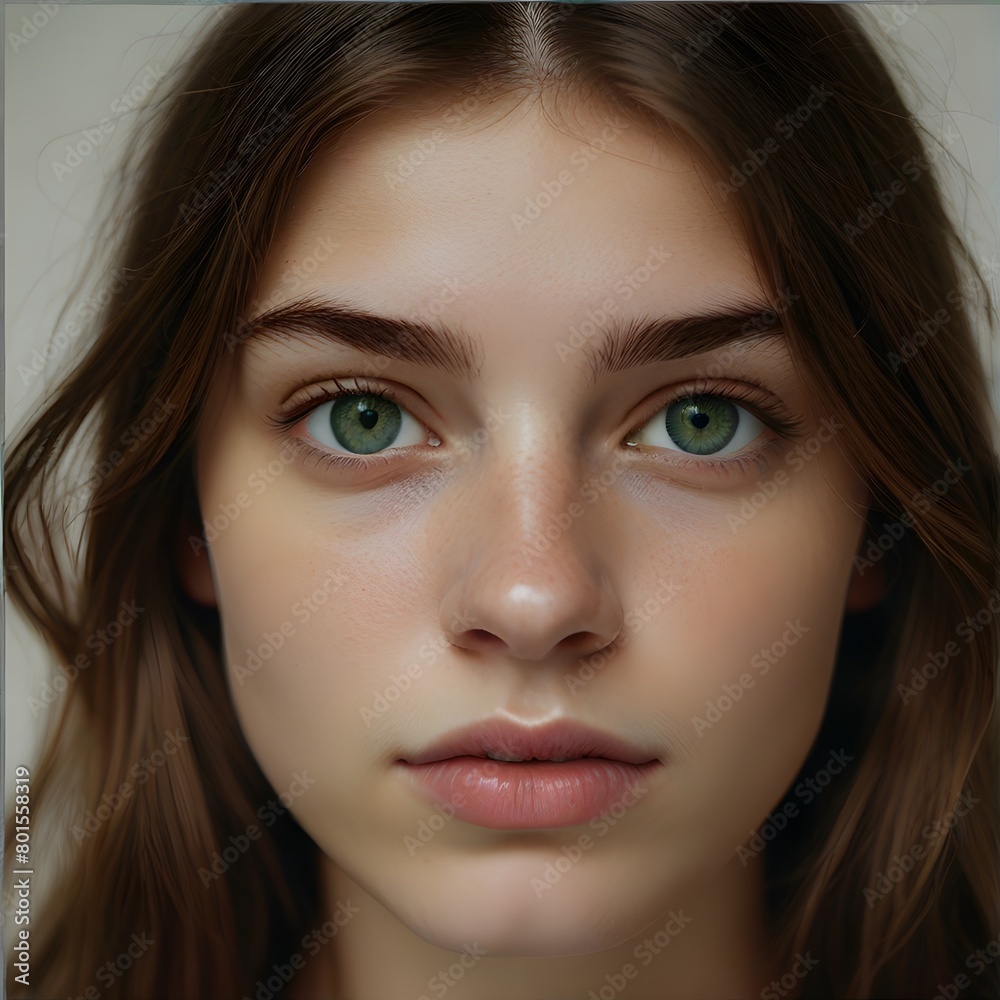 Close up portrait of a woman with brown hair and green eyes. Generative AI Close up portrait of a woman with brown hair and green eyes. Generative AI