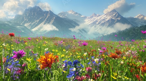 A colorful meadow of wildflowers with a backdrop of snowy peaks