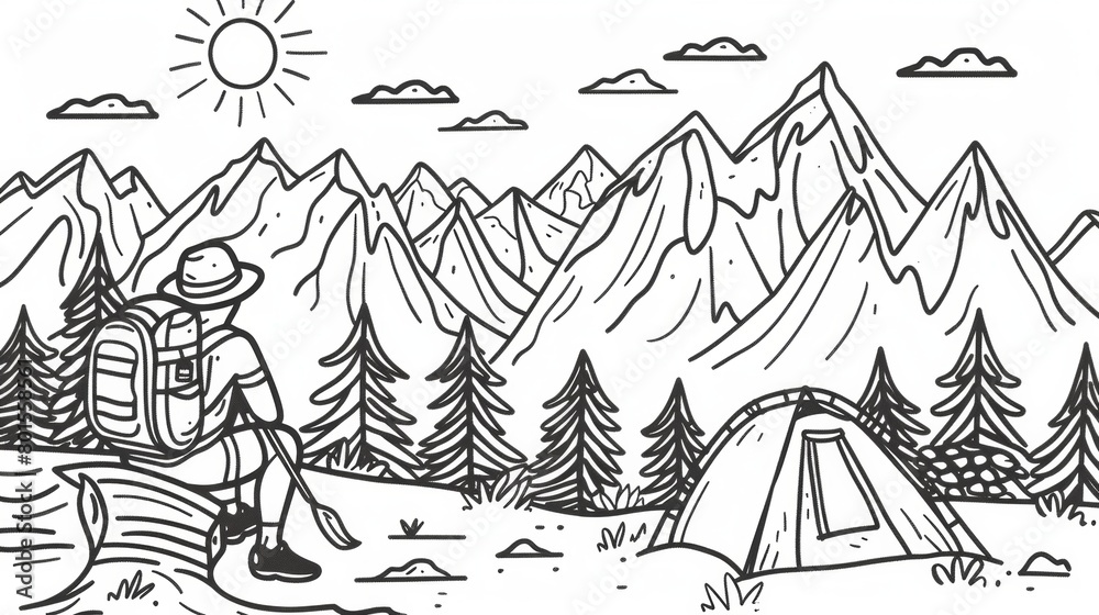 Line art illustrations of outdoor activities such as hiking, camping, and kayaking. Line art illustrations of outdoor activities such as hiking, camping, and kayaking.