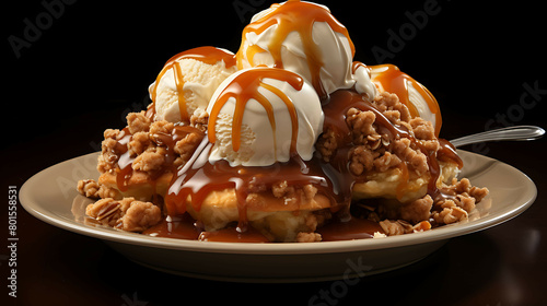 A sweet and indulgent plate of apple crisp with vanilla ice cream and caramel sauce.