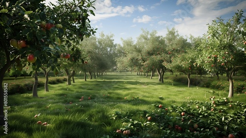 A community orchard blooming with fruit trees, providing fresh, local produce for residents to enjoy.