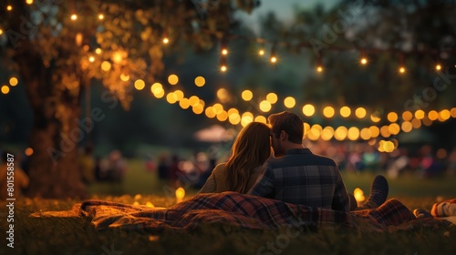 A couple cuddled up on a blanket at a outdoor concert, swaying to the music and basking in the warm evening air.