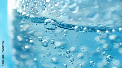 A tight shot of water bubbles in a glass, surrounded by a blue backdrop of cloud-specked sky