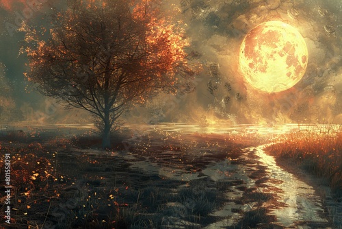 Mystical Autumn Landscape With Glowing Moon Over River