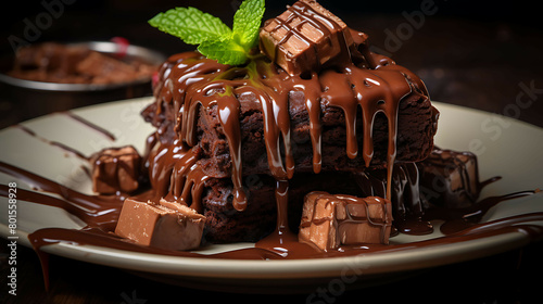 A sweet and indulgent plate of brownies with fudgy centers and chocolate ganache. photo