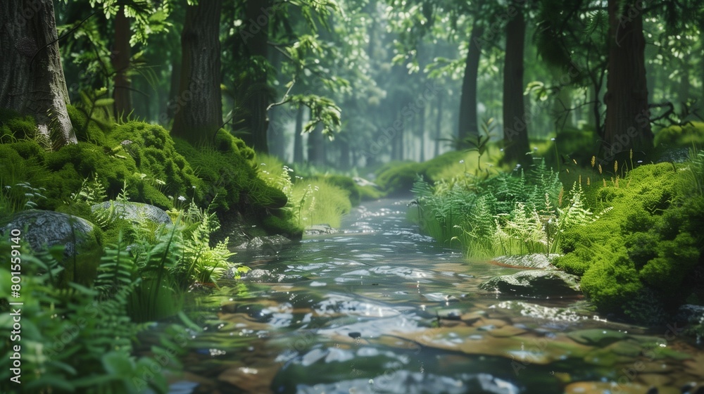 A crystal-clear stream winding through a lush green forest. A crystal-clear stream winding through a lush green forest.