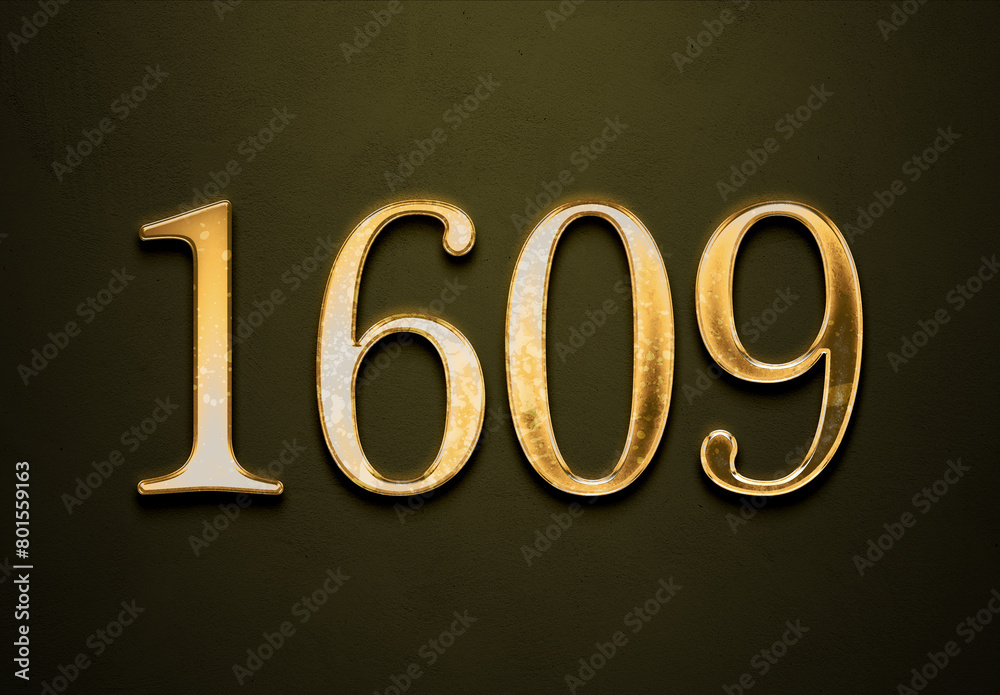 Old gold effect of 1609 number with 3D glossy style Mockup. Old gold effect of 1609 number with 3D glossy style Mockup.