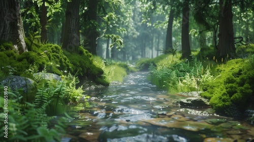 A crystal-clear stream winding through a lush green forest.