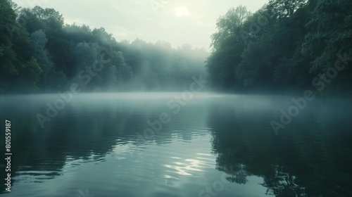 A dense fog rolling over a tranquil lake, enveloping the surrounding trees in a mystical haze.