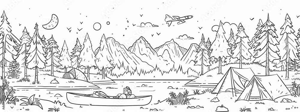 Fototapeta premium Line art illustrations of outdoor activities such as hiking, camping, and kayaking.
