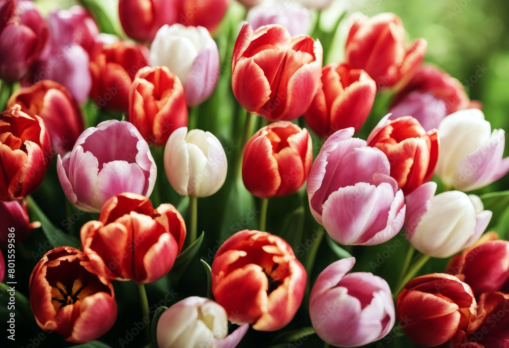 Fototapeta premium '8 spring s Day Concept March Valentine's mother tulips flowers Bouquet Background Flower Isolated Nature Wood Easter Spring Love Table Leaf Gift White Floral Beauty Garden Green Color Wallpaper Red'