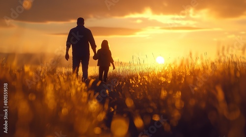 A father and daughter walking hand in hand through a field of tall grass  the sun setting behind them in a blaze of colors.