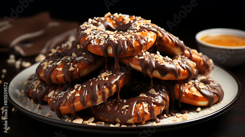 A sweet and indulgent plate of chocolate-covered pretzels with sea salt and caramel drizzle. photo