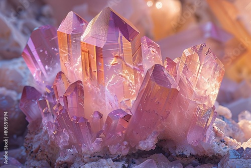 Stunning Pink Kunzite Crystals in Natural Setting Under Soft Light photo