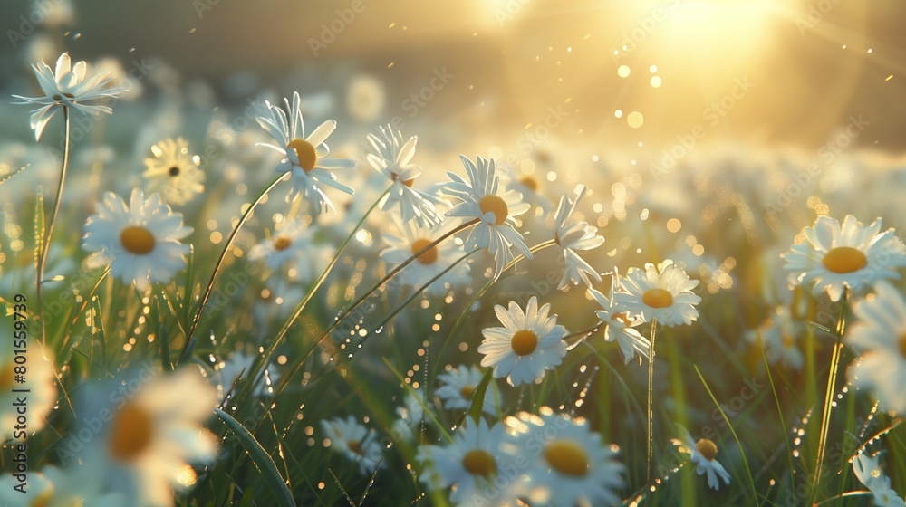 A field of daisies swaying in the breeze, their delicate petals glowing in the light of the setting sun.
