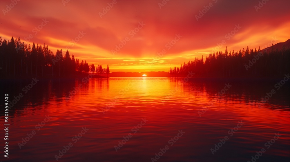 Obraz premium A fiery sunset over a calm lake, with silhouettes of trees on the horizon
