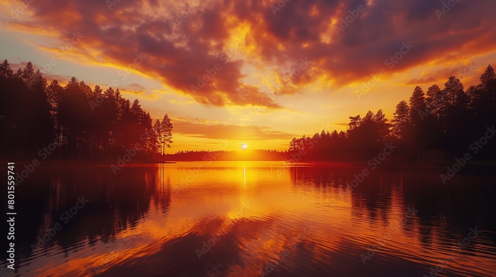 A fiery sunset over a calm lake, with silhouettes of trees on the horizon