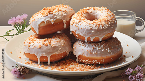 A sweet and indulgent plate of cinnamon sugar donuts with creamy glaze and sprinkles.