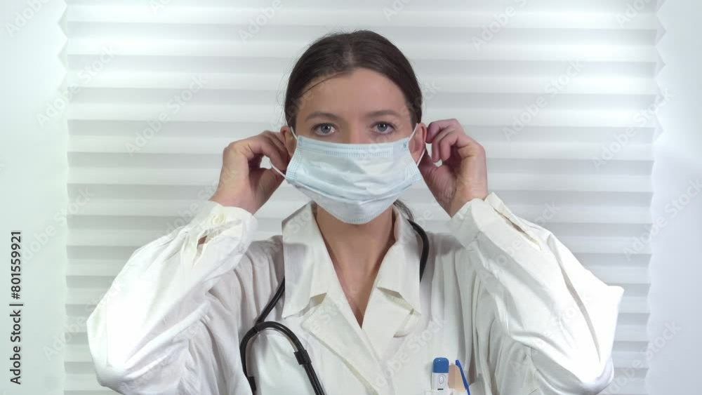 Female doctor puts on a protective mask. Concept of fighting infection covid-19. Female doctor puts on a protective mask. Concept of fighting infection covid-19.