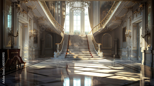 A grand foyer with a sweeping staircase, a crystal chandelier, and marble floors gleaming in the sunlight. photo