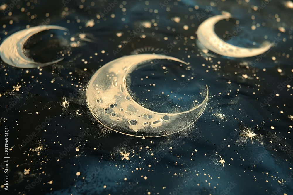 Fototapeta premium Three Glistening Moons With White Dust On Dark Canvas