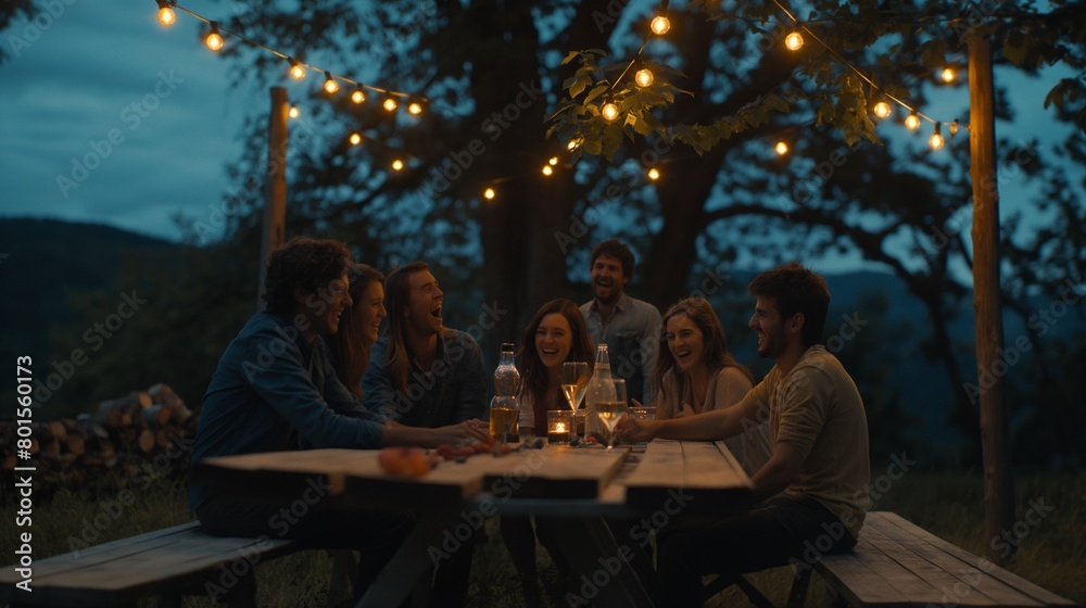 A group of friends laughing around a picnic table adorned with string lights at dusk. A group of friends laughing around a picnic table adorned with string lights at dusk.