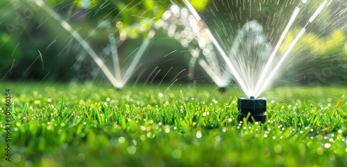 automatic sprinkler system watering lush green grass in a vibrant garden at sunset photo
