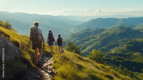 A group of hikers walking on a mountain trail, overlooking a breathtaking vista of rolling hills and valleys. photo