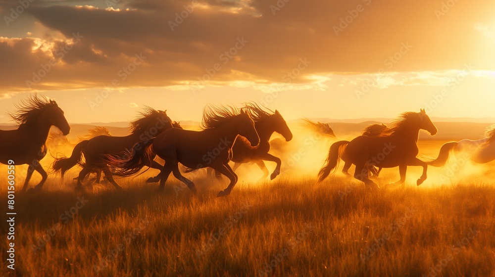 A herd of wild horses galloping across an open plain, their flowing manes catching the golden light of dawn. A herd of wild horses galloping across an open plain, their flowing manes catching the golden light of dawn.
