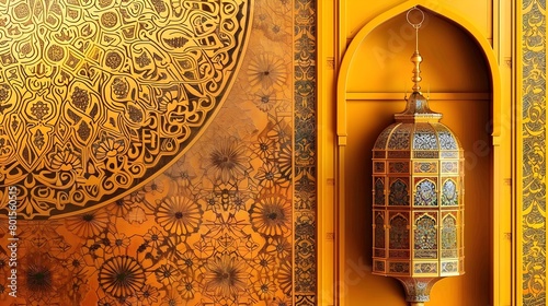 Golden Elegance Intricate Arabesque Wall Art and Lantern background 