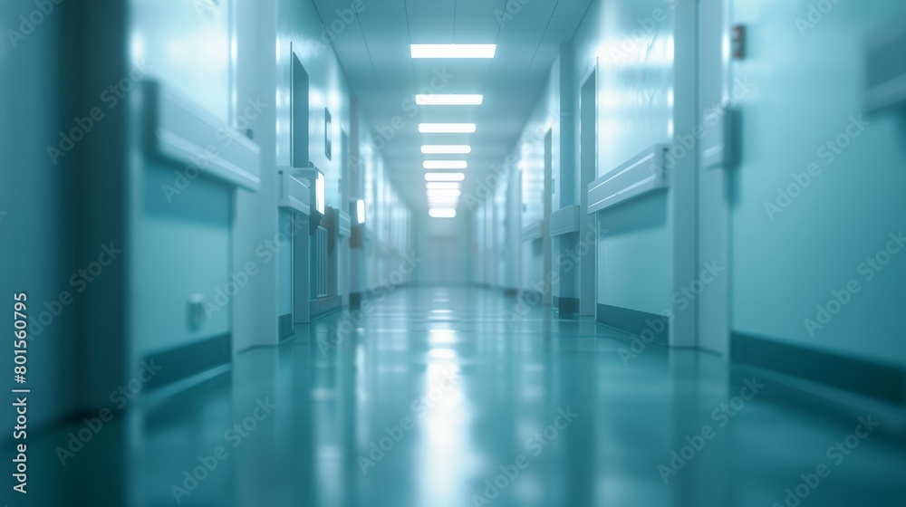 Modern hospital corridor with bright lights and a clean, minimalist design. Healthcare facility photography. Medical and health services concept