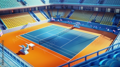 Empty tennis court in a colorful, stylized stadium. Illustration of sports venue. Sports and leisure concept. Design for event poster, sports advertisement