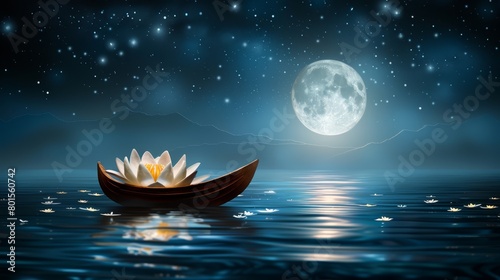   A boat floats on a tranquil body of water under the night sky, illuminated by the full moon in the background