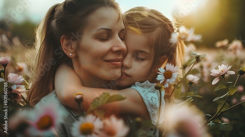close up of mother and daughter amidst a blooming field of flowers