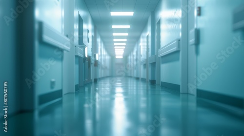 Modern hospital corridor with bright lights and a clean  minimalist design. Healthcare facility photography. Medical and health services concept