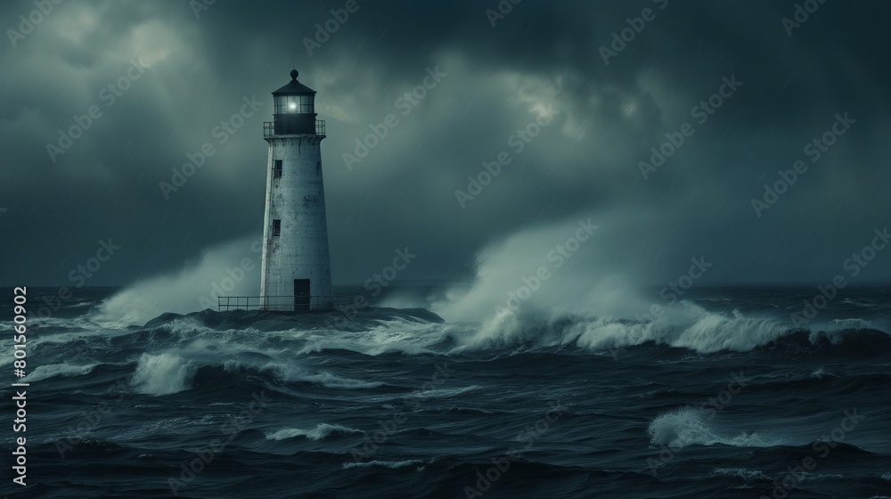 A lonely lighthouse standing tall against a stormy sea