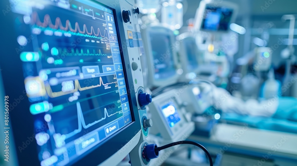 A hospital room filled with monitors and various medical equipment. The room appears busy and clinical.