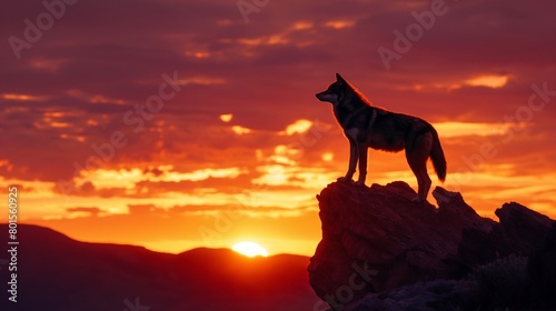 A lone wolf standing atop a rocky cliff, silhouetted against the fiery hues of a breathtaking sunset. © Eric