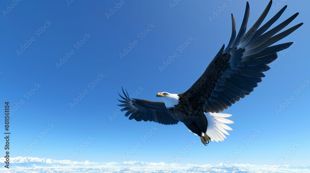 Obraz premium A majestic bald eagle soaring through a clear blue sky, its wings outstretched.