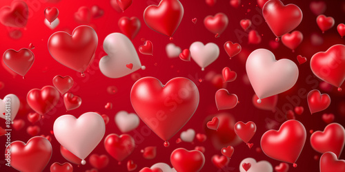 Festive red background with heart-shaped balloons 