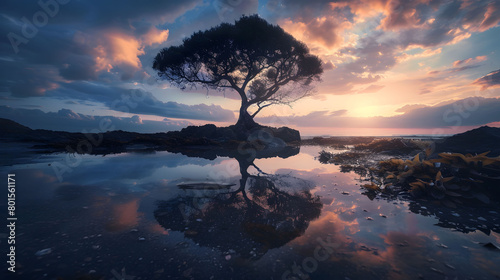 Lone Tree Reflected in Water at Sunset, Dramatic Sky and Serene Landscape, Perfect for Wall Art and Environmental Themes, Panoramic View with Copyspace photo
