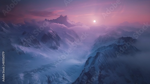 A majestic glacier carving its way through a mountain range at dawn