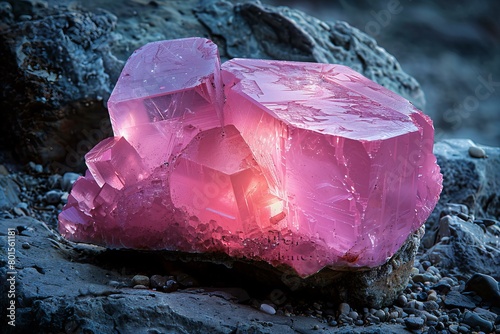 Pink Glow Radiates from Crystal Formation on Rocky Surface photo
