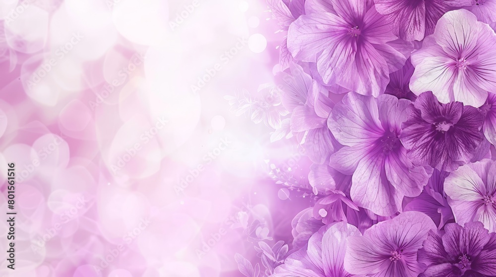 Fototapeta premium A tight shot of assorted blooms against a pink-white backdrop, with string lights subtly glowing in the distance