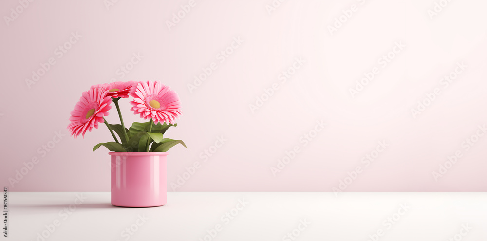 Pink gerberas in a pink pot on a light background, copy space		