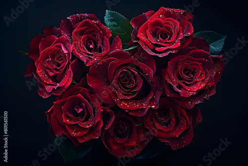 Red Roses on Dark Background  Elegant Floral Arrangement  Romantic Bouquet for Special Occasions  Ideal for Greeting Cards and Love Themes  Copyspace