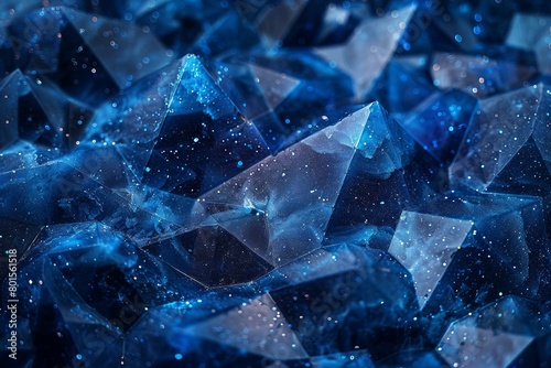 Sparkling Blue Geometric Crystals with Glowing Dust Particles © Sandu