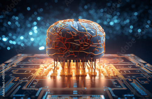 inteligência artificial no cérebro humano, no estilo de renderização foto realista, circuitos, foco seletivo, laranja claro e azul escuro, integração humano tela  photo